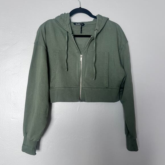 Zudio Women’s Cropped Zip Up Hoodie Olive Green Size L Long Sleeve Casual Jacket - Picture 1 of 6